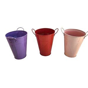 Set Of 3 Colorful Metal Vase Buckets With Handles In Pink Red & Purple Cottage C